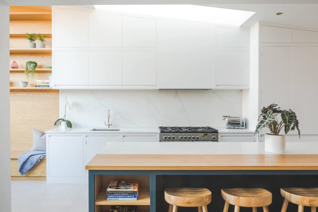 Contemporary London Townhouse Kitchen with flatpanel ceiling height cabinetry